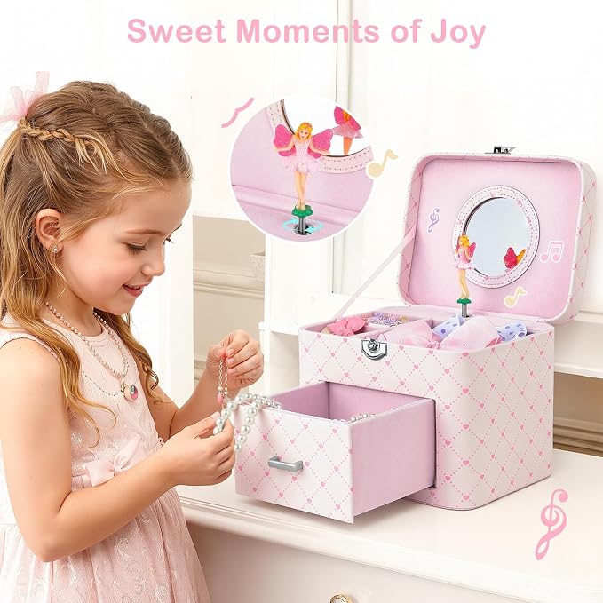Basumee Musical Jewelry Box for Girls PU Leather Music Box with Drawer Large Kids Jewelry Organizer with Unicorn/Ballerina Jewelry Storage for Little Girls Ages 3–10, Birthday & Holiday Present - Image 6