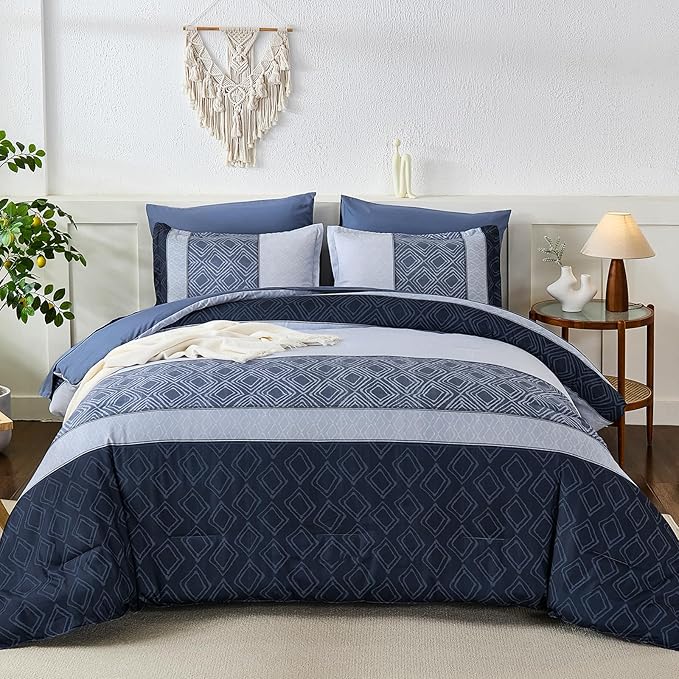 Dinjoy Blue King Size Comforter Set,Striped Boho Bed in a Bag King 7 Pieces Soft Fall Bedding Comforters Microfiber Mineral Blue Complete Sets for All Season