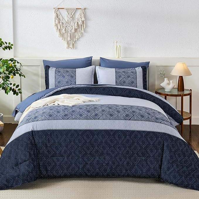 Dinjoy Boho Queen Comforter Set Mineral Blue,7 Piece Bed in a Bag Queen Size Warm Striped Fall Bedding Sets with Plaid Comforters with Sheets for Family All Season