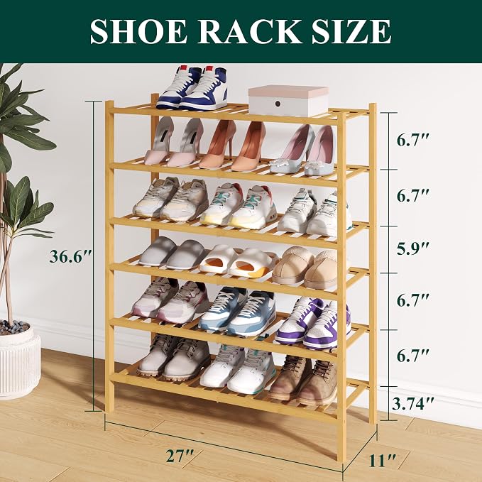 Smiry Bamboo Shoe Rack for Closet, 6 Tier Wooden Stackable Shoe Organizer, Free Standing Shoes Storage Shelf for Entryway, Front Door Entrance, Natural - Image 2