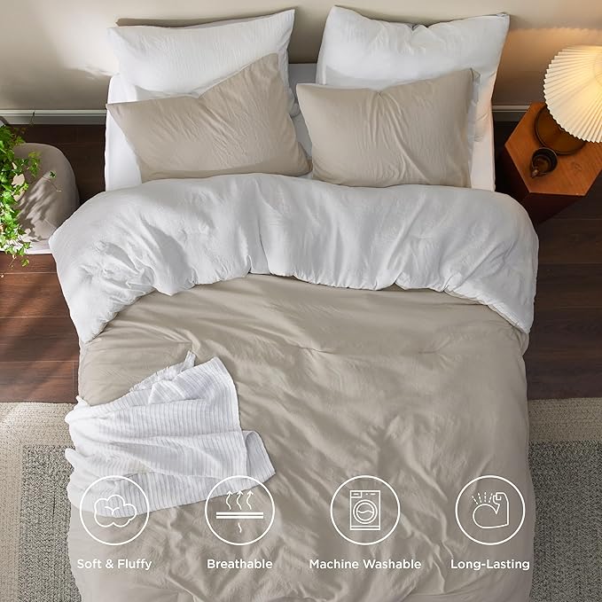 Bedsure California King Comforter Set, Beige White Soft Prewashed Bedding for All Seasons, 3 Pieces GentleSoft™ Bed Set, 1 Lightweight Comforter (104"x96") and 2 Pillowcases (20"x36")