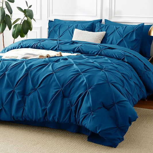 CozyLux Queen Comforter Set Teal, 7 Pieces Pintuck Bed in A Bag, Premium Teal Comforter Queen Size, Pinch Pleat Bedding Sets with Comforter, Sheets, Pillowcases & Shams