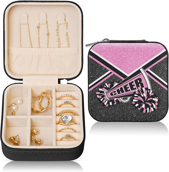Cheerleader Travel Jewelry Case, Cheer Travel Jewelry Box for Women, Mini Jewelry Travel Case for Cheer Team, Cheerleader Gifts for Girls (Pink) by Corxiren