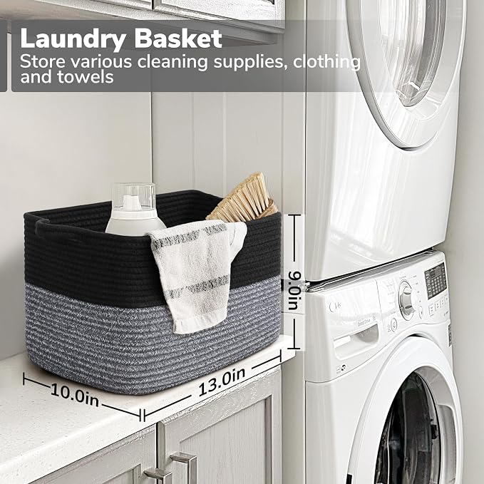 Goodpick Woven Storage Baskets for Organizing, Cotton Rope Organizer for Living Room, Closet Storage Bins for Toys Books, Rectangle Laundry Basket with Handles, 13"x10"x9", Black & Gray - Image 3