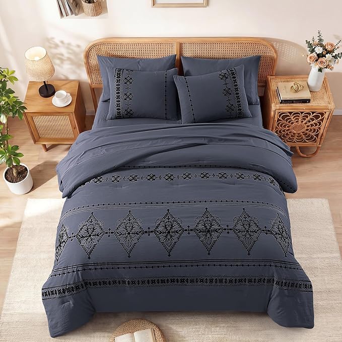 MaiRêve King Size Comforter Set Crown Blue, Embroidery Floral Western Boho Bedding Set, All Season 7 Pieces Bed in a Bag with Sheets, Pillowcases & Shams