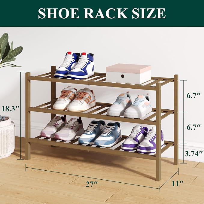 Smiry Bamboo Shoe Rack for Closet, 3 Tier Wooden Stackable Shoe Organizer, Free Standing Shoes Storage Shelf for Entryway, Front Door Entrance, Walnut - Image 2