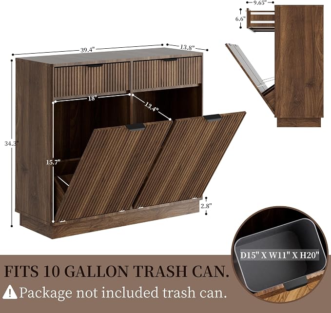 Double Tilt-Out Trash Cabinet, Laundry Hamper Cabinet with 2 Drawers, 39.4W x 34.3H x 13.8D inches, Walnut, Wave-Textured Front. - Image 3