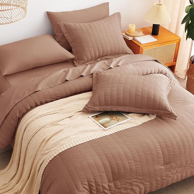 CozyLux King Size Comforter Set Mocha Mousse Seersucker 7 Pieces Bed in a Bag King Comforter Set with Sheets, Luxury Soft Bedding Sets with Down Alternative Comforter, Sheets, Pillowcases & Shams