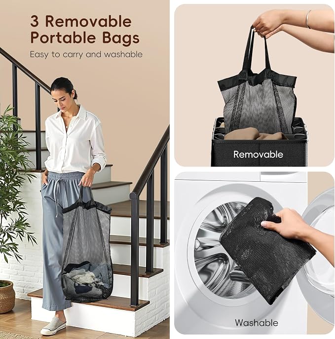 185L Laundry Hamper 3 Section, Laundry Hamper with Lid, Dirty Clothes Hamper with 3 Removable Washing Bags, Extra Large Laundry Basket Organizer for Bedroom, Laundry Room, Dorm - Khaki - Image 5