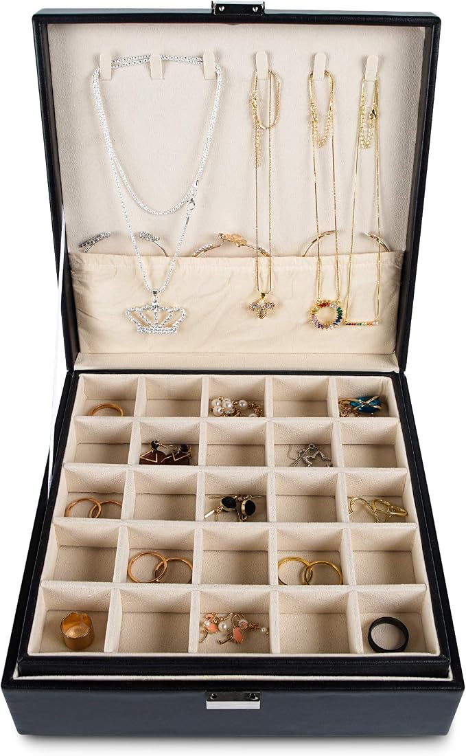 Frebeauty Earring Holder Organizer, 50 Slots Earring Organizer,2 Layer Jewelry Box for Earrings and Necklace,PU Jewelry Organizer,Jewelry Organizers and Storage(Black) - Image 2