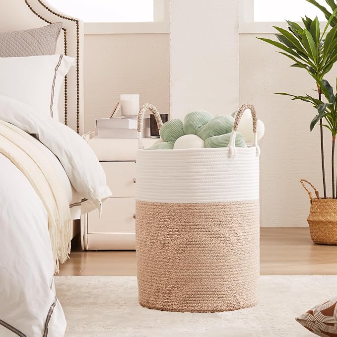 60L Laundry Hamper Basket Tall Woven Cotton Rope Clothes Hamper for Baby Girls Nursery Kids Blanket Basket in Living Room Bathroom Bedroom Brown 15Dx20H Inches Large - Image 4