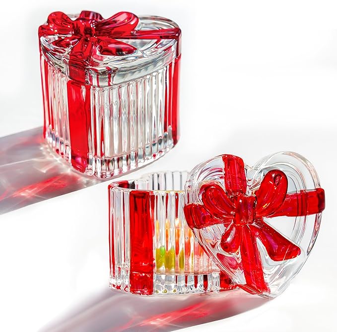 kanpura 2 Pack Glass Heart Shaped Jewelry Box Candy Dish with Lid Ring Earring Trinket Storage Box Vintage Jewelry Organizer Decorative Jar Gifts for Women Girls(Red & Clear) by Kanpura