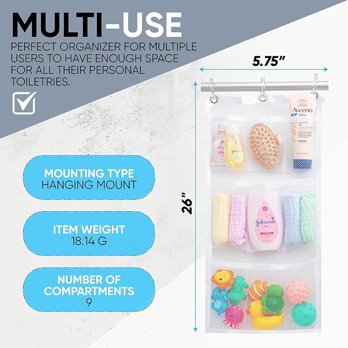 Handy Laundry Hanging Shower Organizer (2-Pack) - 9-Pocket - Mesh Caddy with Deep Storage Pockets for Organizing Bathroom Toiletries and Kids Bath Toys - Hang on Existing Shower Curtain Rings - Image 7
