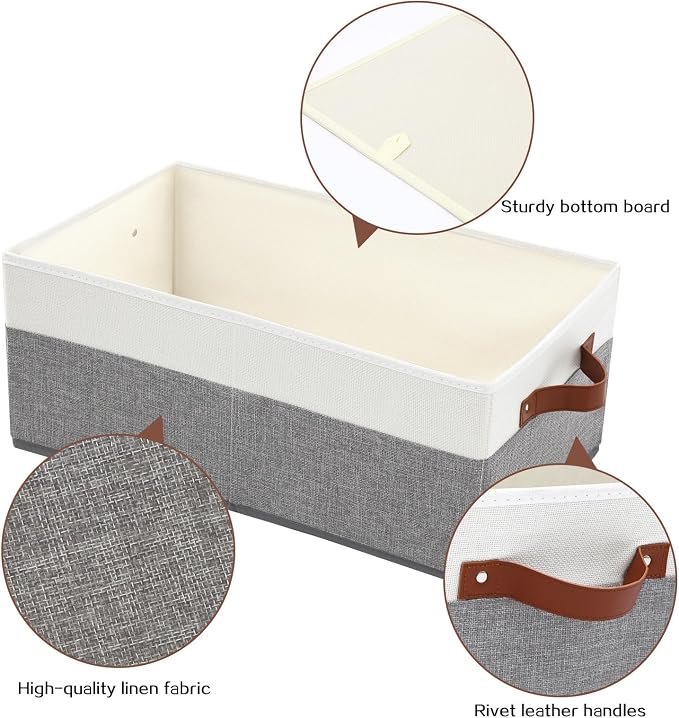 6 Pack Closet Storage Bins, Storage Baskets for Shelves, Linen Closet Organizers and Storage with Leather Handles for Clothes,Towels, Sheets, Jeans, Toys, Books (Grey and White) - Image 4