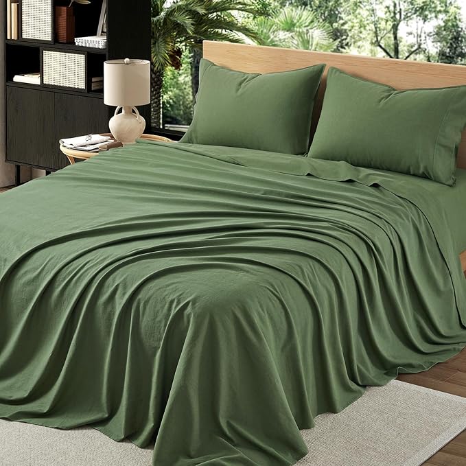 4Pcs Linen Sheets Queen Size, 100% French Linen from Normandy, Breathable Forest Green Queen Sheet Set with 16 Inch Deep Pocket, 1 Flat Sheet, 1 Fitted Sheet, 2 Pillowcases