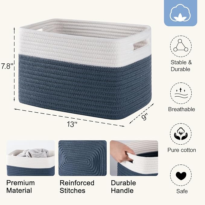 4 Pack Storage Baskets for Organizing, Woven Baskets for Shelves - Perfect for Toys, Books, Towels, and Clothes, Durable Gift Basket Bins Toy Storage, 12.7''L x9''W x7.8''H, Blue and White - Image 3