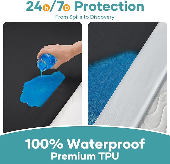 OhGeni 100% Waterproof Mattress Protector, Twin Black Size, 6''-16'',Fitted Sheet with Deep Pockets, Premium Noiseless Breathable Soft Hypoallergenic Material, Mattresses Cover for Bed