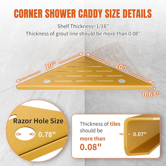 Shower Corner Shelf with Razor Hole,Modern Style Shower Caddy, Sturdy 304 Stainless Steel Shower Organizer,No Drilling Bathroom Corner Shelf for Tile Wall Gold 2 Pack-10 - Image 2
