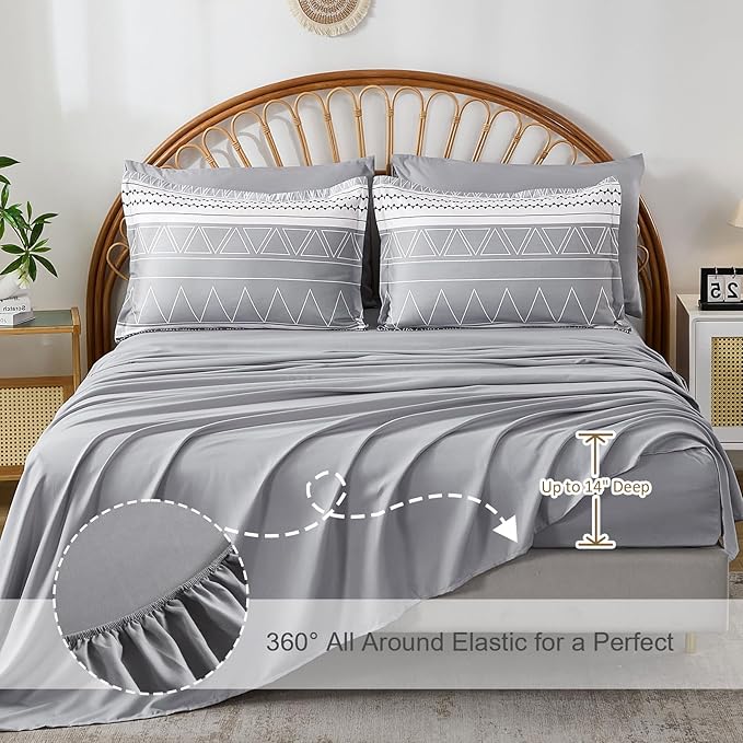 WONGS BEDDING Queen Comforter Set 7 Pieces, Boho Grey White Geometric Striped Comforter for Queen Bed in a Bag, Soft Microfiber Bedding Set with Pillowcases, Flat Sheet, Fitted Sheet, Pillow Shams