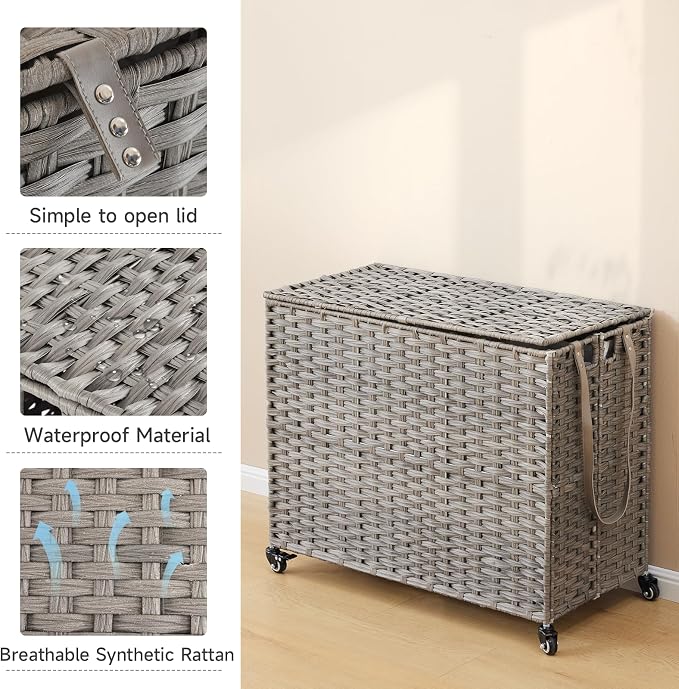 Laundry Hamper with Wheels, 52.8 Gallon(200L) Rolling Laundry Basket with Lid, 3-Section Rattan Clothes Hamper with 3 Removable Liner & 3 Mesh Bags, Laundry Sorter with Side Pocket, Grey - Image 8