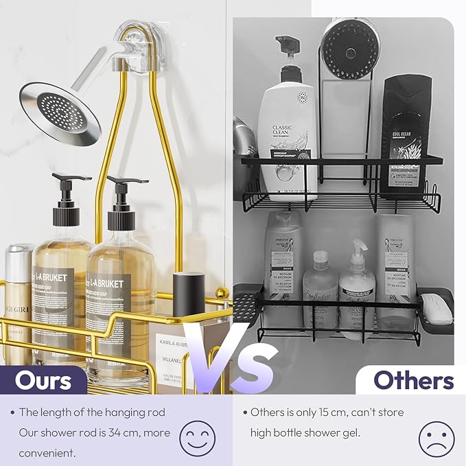 SWTYMIKI Bathroom Shower Caddy Hanging - 3 Tier Rustproof Over Shower Head Organizer, No Drilling Bathroom Shelf with 16 Hooks & Soap Holder, Anti-Swing Rack for Shampoo,Sponge,Towel, Gold - Image 3