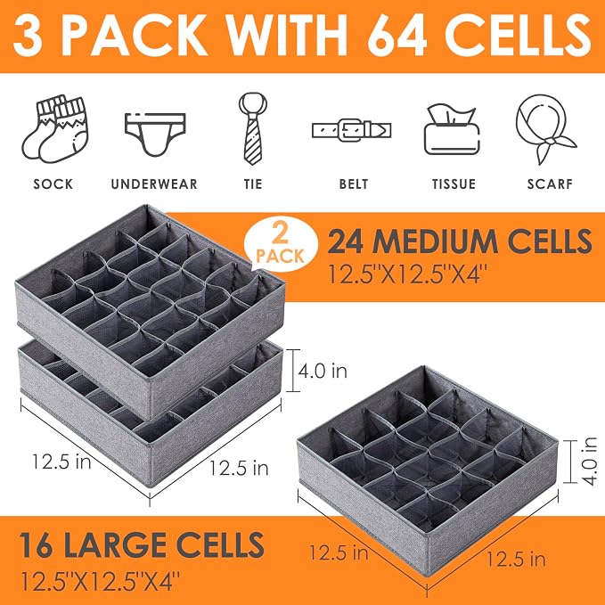 Criusia 3 Pack Sock Underwear Drawer Organizer Dividers, 64 Cell Fabric Foldable Dresser Organizer for Closet Organizers and Storage Boxes for Organizing Socks, Underwear, Ties (16+24+24 Cell, Gray) - Image 2
