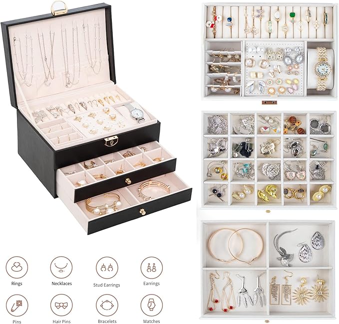 GUOER Jewelry Box for Women Girl Wife 3 Layers Large PU Leather Jewelry Organizer Storage Case with Two drawers Display for Earrings Bracelets Rings Watches (Black) - Image 2