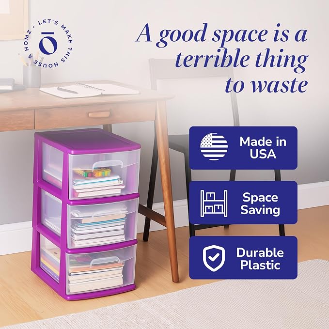 HOMZ 2-Pack Drawer Tower, 3-Tier Clear Plastic Storage Organizer Cart, Purple Frame - Organizing Containers with Wheels for Home, Bathroom, Bedroom, Office, and Classroom - Image 6