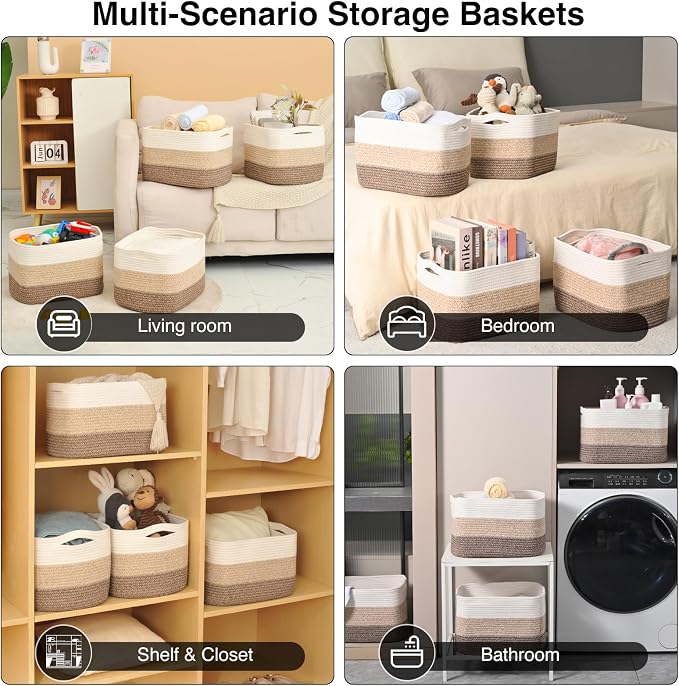ICERZCZ Storage Baskets for Organizing & Shelves, Woven Cotton Rope Organization Bins for Dog Toys, Clothes, Books, Nursery Organizer, 15"Lx11"Wx9.5"H, (4 Packs) Gradient Brown - Image 5