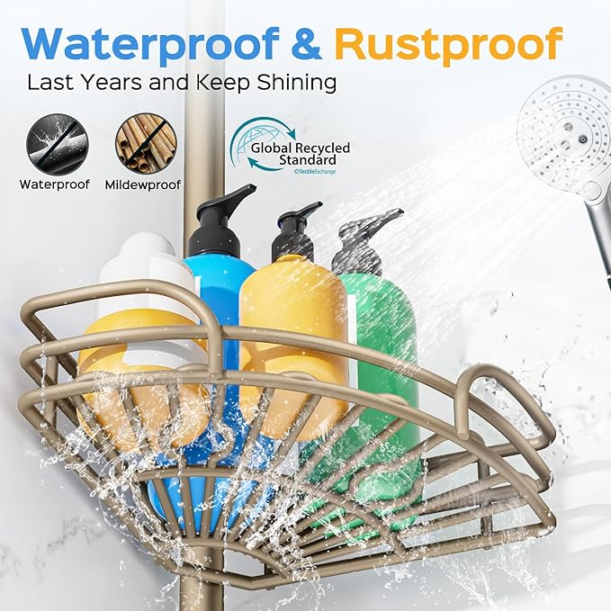 HAMITOR Shower Caddy Corner Tension Pole: 4-Tier Large Capacity Bathroom Organizer Shelves - Rustproof No-Drill Adjustable 47-123 inch Shower Storage for Renters, Home Bathtub Stand Rack, Tan Khaki - Image 5