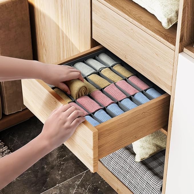 Joyoldelf Sock Drawer Organizer Divider 2 Packs Underwear Organizer, 24 Cell Closet Organizers and Storage Organizer Sock Holders Organizers for Storing Socks, Handkerchiefs, Ties, Belts (Grey) - Image 3