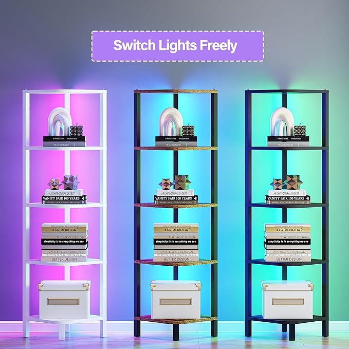 TUTOTAK Corner Shelf with LED Light, 5-Tier Corner Bookshelf for Small Space, Narrow Display Corner Shelf Stand with Storage Rack, for Living Room, Bedroom, White BS08BW005L - Image 5
