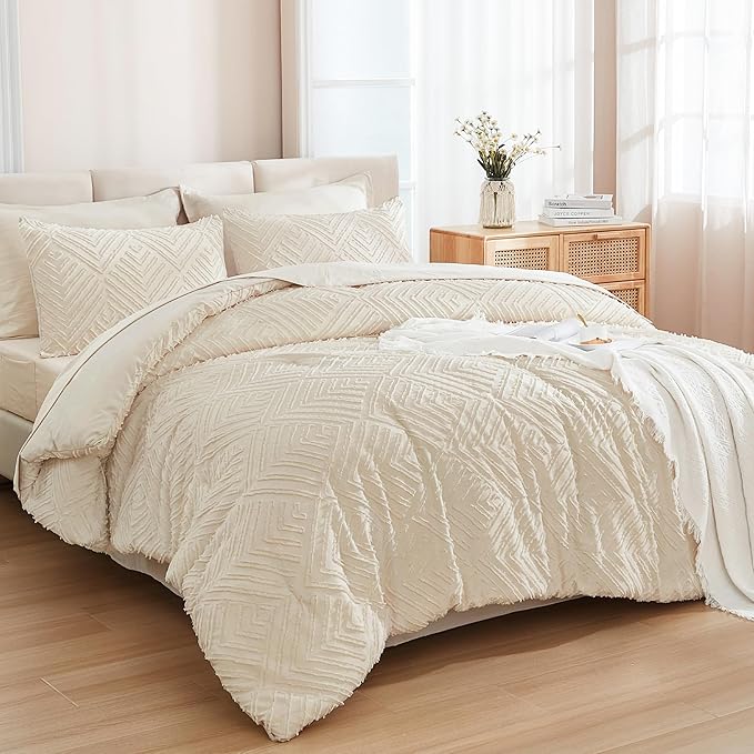 Andency Oversized Queen Size Comforter Set with Sheets Beige - 7 Pieces Bed in a Bag Oversized Queen Boho Tufted Lightweight Bedding Sets with Comforter, Sheets, Pillowcases & Shams