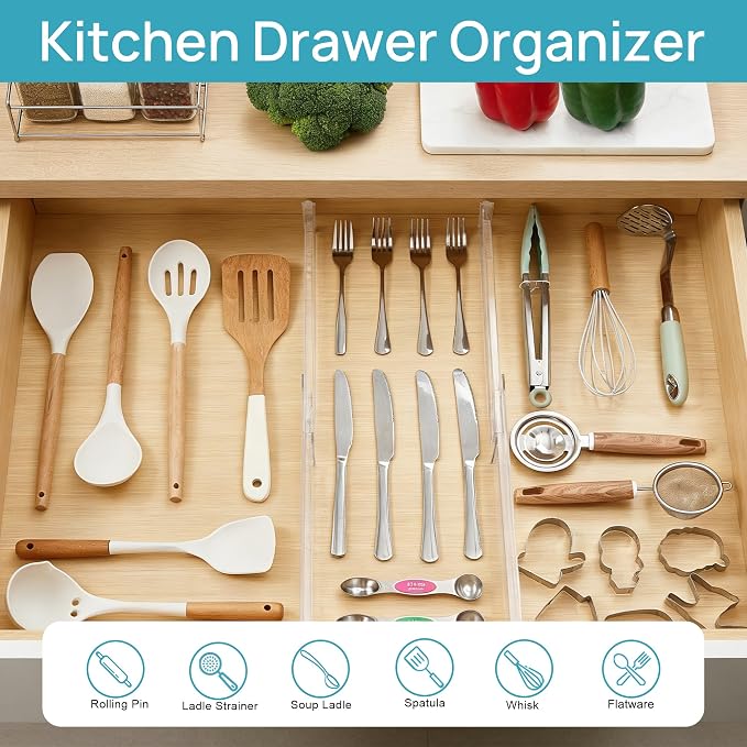 Vtopmart 4 Pack Shallow Drawer Dividers, 2.36" High 12.5"-20.8" Adjustable Expandable Kitchen Drawer Organizer, Clear Plastic Organizer Separators for Flatware, Utensil, Cutlery, Underwear, Clothes - Image 7