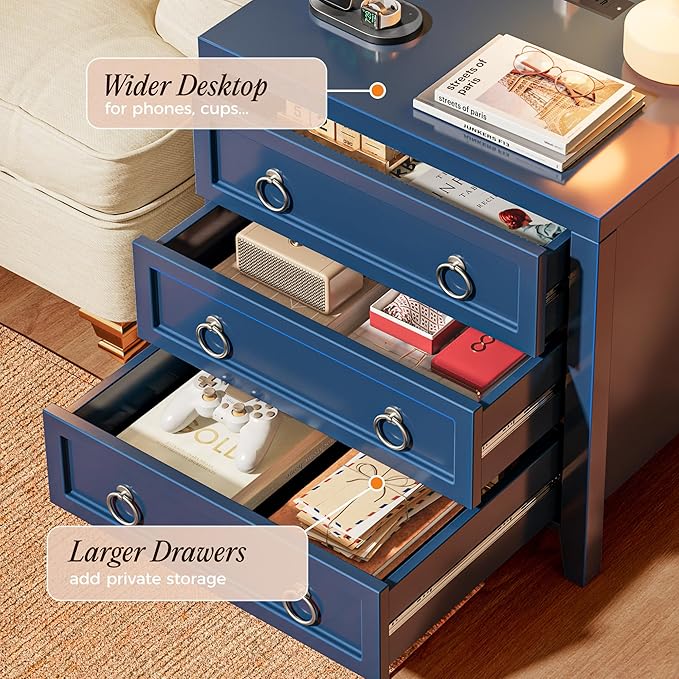 Huuger 23.6 Inch Night Stand with Charger Station and USB-C Port, 3 Drawer Nightstands Set of 2, Larger Wider Bedside Table, Modern End Table, for Bedroom, Blue Nightstand