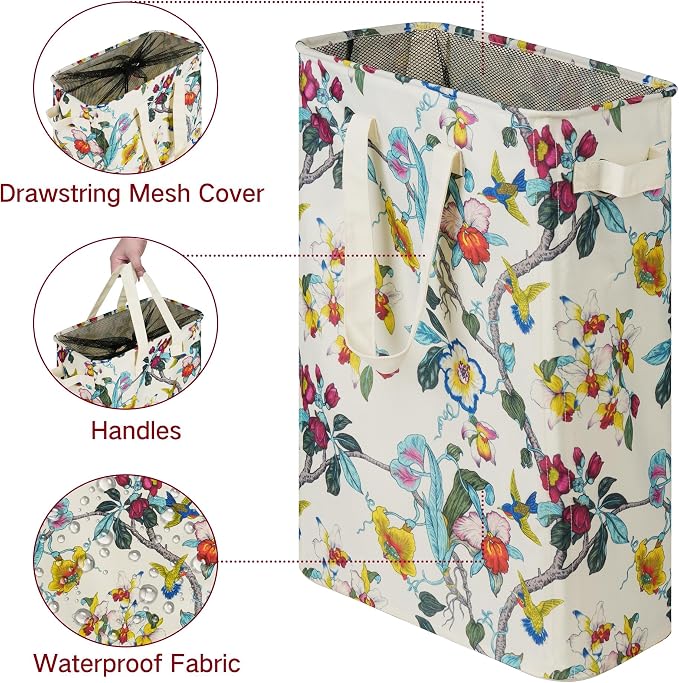 efluky Slim Laundry Basket, Narrow Laundry Hamper with Handles, Collapsible Dirty Clothes Hamper, Tall Laundry Bin for Laundry Room, Dorm and Bedroom, 48L (12.7 Gallon) Floral - Image 3