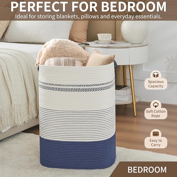 AINUOQI Large Laundry Basket - Tall Woven Rope Laundry Hamper with Leather Handles - Dirty Clothes hamper for Living room, Bedroom, 17" X 13.8" X 22", Dark Blue & White - Image 6