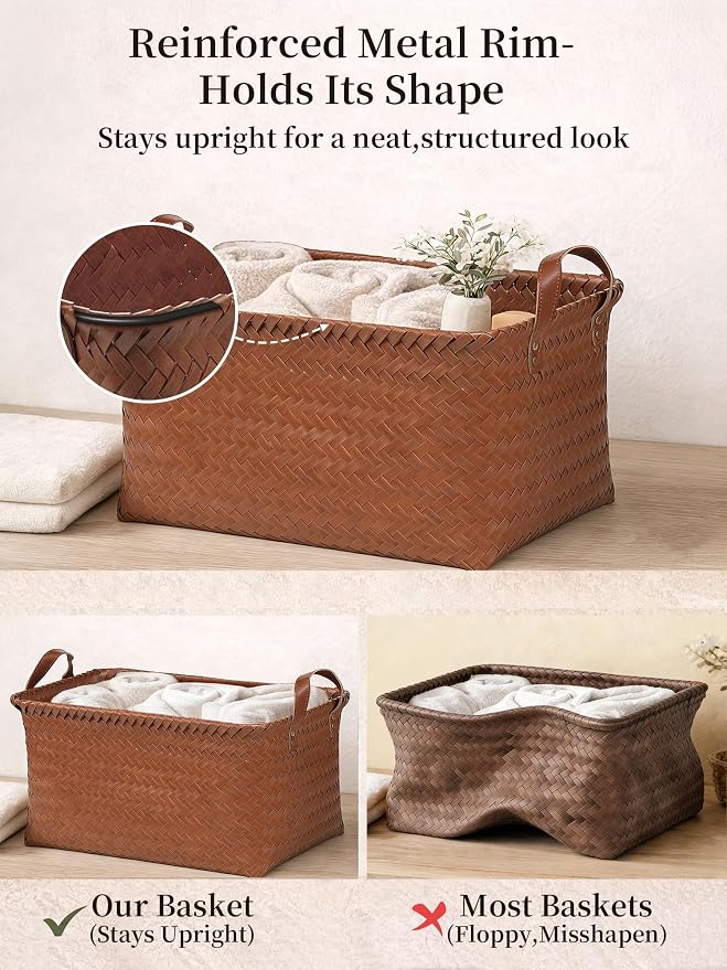 Hand Woven Baskets for Storage, 4Pcs Water-Resistant Wicker Baskets, Brown Wicker Storage Baskets for Shelves, Large Basket with Handle for Organizing, Clothes, Laundry, Blanket - Rectangular - Image 5