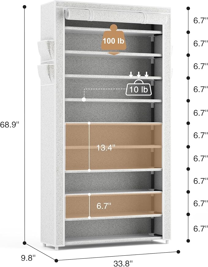 ROJASOP 10 Tier Shoe Rack with Covers Large Capacity Stackable Tall Shoe Shelf Storage for 50-55 Pairs Shoe and Boot, Sturdy Free Standing Shoe Rack Organizer for Closet, Entryway, Bedroom, Printing - Image 3