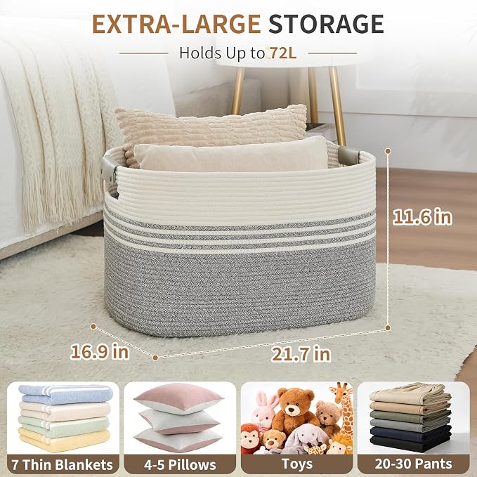 AINUOQI Laundry Basket with Handles - Blanket Basket & Hampers for Bedroom Aesthetic, Laundry Hamper & Blanket Storage for Living Room, Clothes Hamper, Tall, Large 21.7" x 16.9" x 11.8”, Grey - Image 2