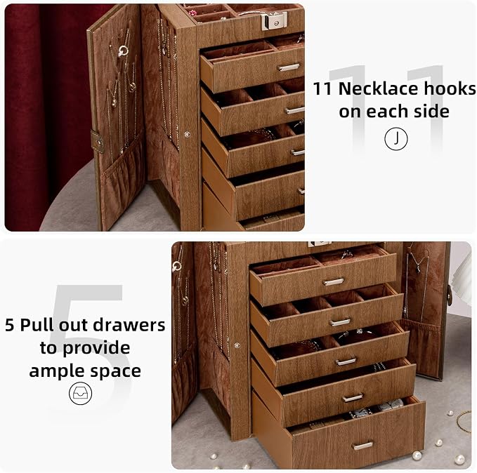 6 Tier Jewelry Box, Jewelry Case with 5 Drawers, Large Storage Capacity, with Mirror, Lockable, Jewelry Storage Organizer, Gift for Loved Ones - Image 4