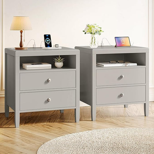 Huuger Grey Nightstand Set of 2, Night Stand with Charger Station, Bedside Table with 2 Drawers, Bed Side Tables for Bedroom, Modern Nightstands, Metal Knobs, Painted Surface