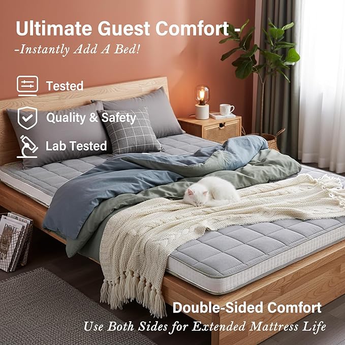 Tiita Futon Mattress 4” Thick Folding Roll Up Sleeping Pad with Bag & Strap, Bed Topper Mat for Guest, Lounger and Travel, Grey,Queen Size