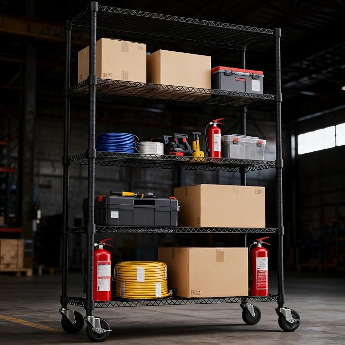 M MZG 1750LBS 47.2" W 5 Tiers Storage Shelves Metal Shelving Unit with Wheels Heavy Duty Garage Shelving Adjustable Wire Shelves for Pantry,Kitchen,Garage,Basement,Black 17.7" D x 47.2" W x 76.8" H - Image 7