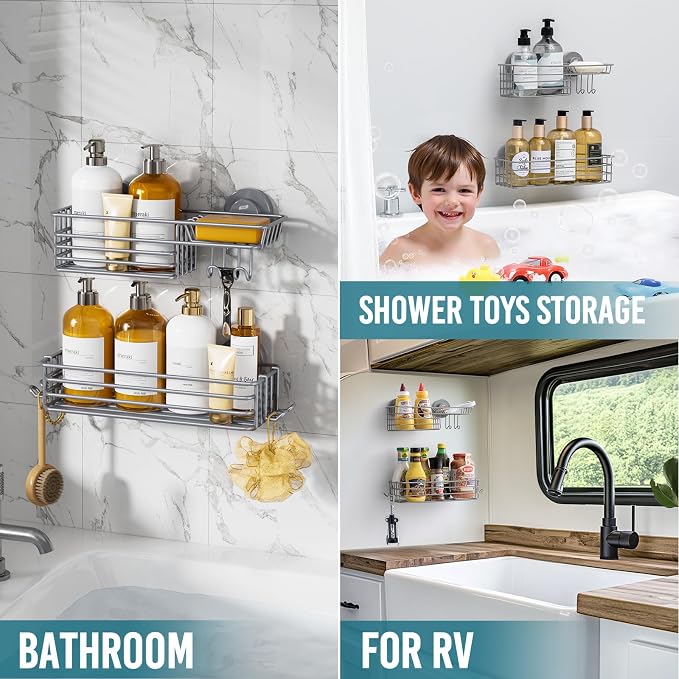 TAILI Shower Caddy Suction Cup 2 Pack with Hooks & Soap Holder, Heavy Duty Shower Organizer for Bathroom, No Drilling Bathroom Organizer with Large Capacity, Metal Storage Holder-Grey - Image 5