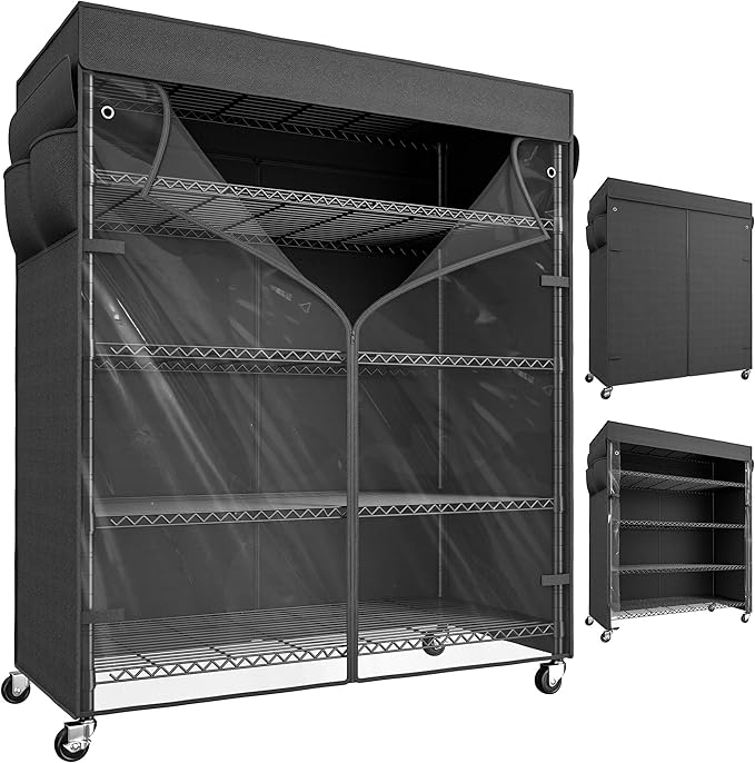 REIBII 45''W Storage Shelves with Cover & Wheels, Metal Shelving Waterproof Dustproof, Wire Shelving Unit Covers, Garage Storage Rack Wire Shelf for Kitchen Pantry, Storage Room, 45Wx17.72Dx72.83H by REIBII
