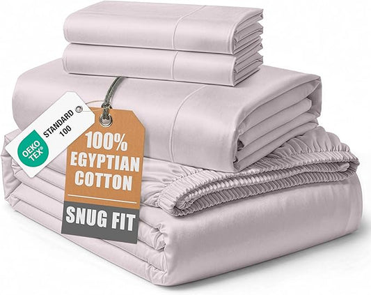 LANE LINEN 100% Egyptian Cotton Bed Sheets Queen Size, Long Staple Soft & Comfy Sateen Weave No Pill Fade Resistant Queen Size Bedding Set, Machine wash 15'' Deep Pocket Queen Sheets - Gray Lilac