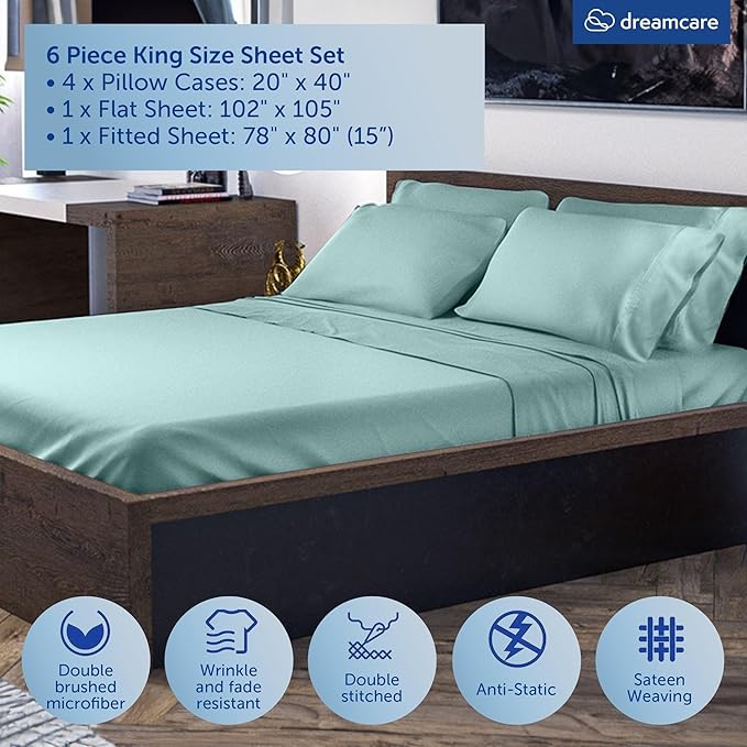 DREAMCARE King Size Sheets Set - 6 pcs Breathable Cooling Bed Sheets - up to 15" Deep Pocket King Sheet Set with Side Pockets - Extra Soft 100% Brushed Hypoallergenic Hotel Luxury Bedding - Spa Blue