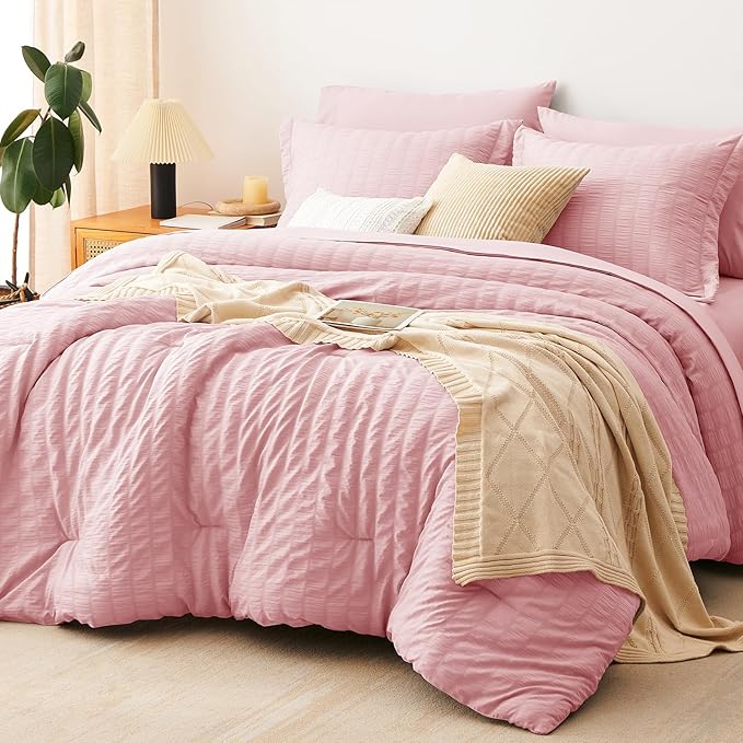 CozyLux King Size Comforter Set Pink Seersucker 7 Pieces Bed in a Bag King Comforter Set with Sheets, Luxury Soft Bedding Sets with Down Alternative Comforter, Sheets, Pillowcases & Shams All Seasons