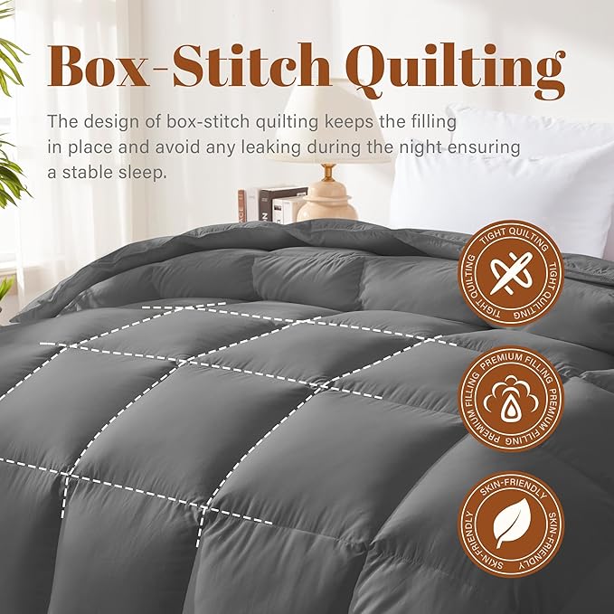 Feather and Down Comforter Insert King Size, 100% Cotton Cover, All Season Grey Down Feather Duvet Insert, Fluffy Soft Hotel Luxury Bedding for Bedroom, 106 x 90 Inches